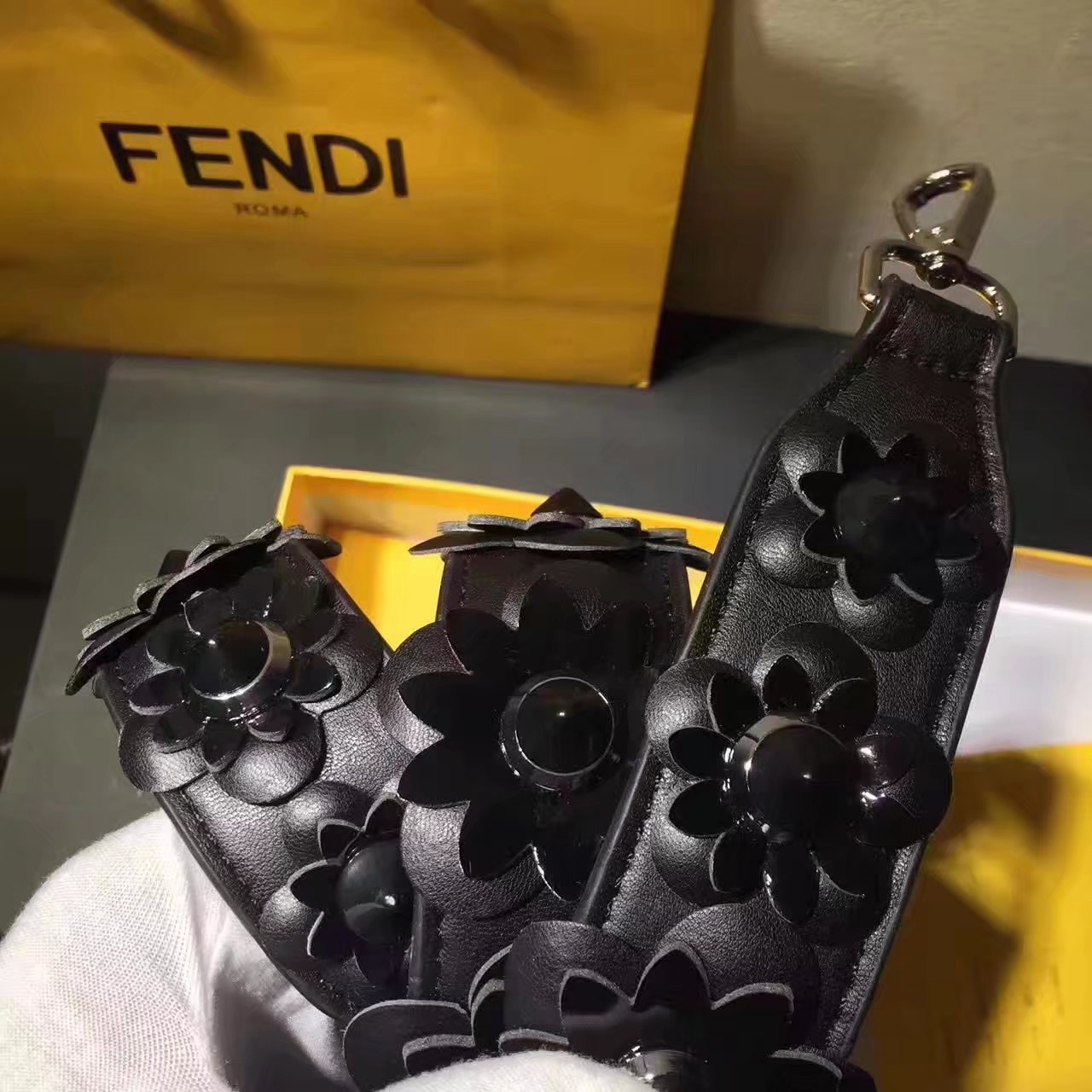 Fendi Strap You Interchangeable Black Leather Strap With Flowers