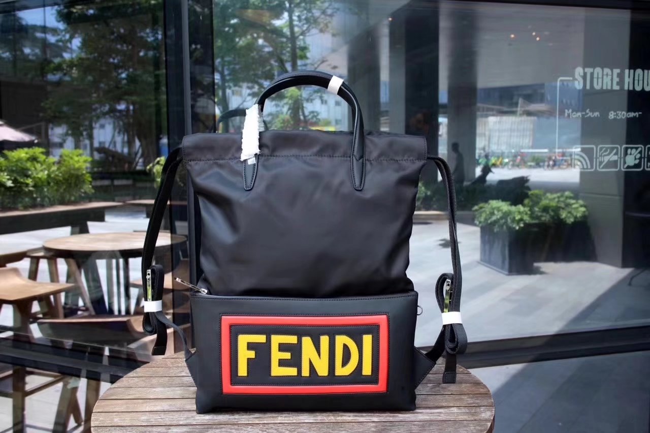 Fendi Vocabulary Men Backpack Black Nylon and Leather