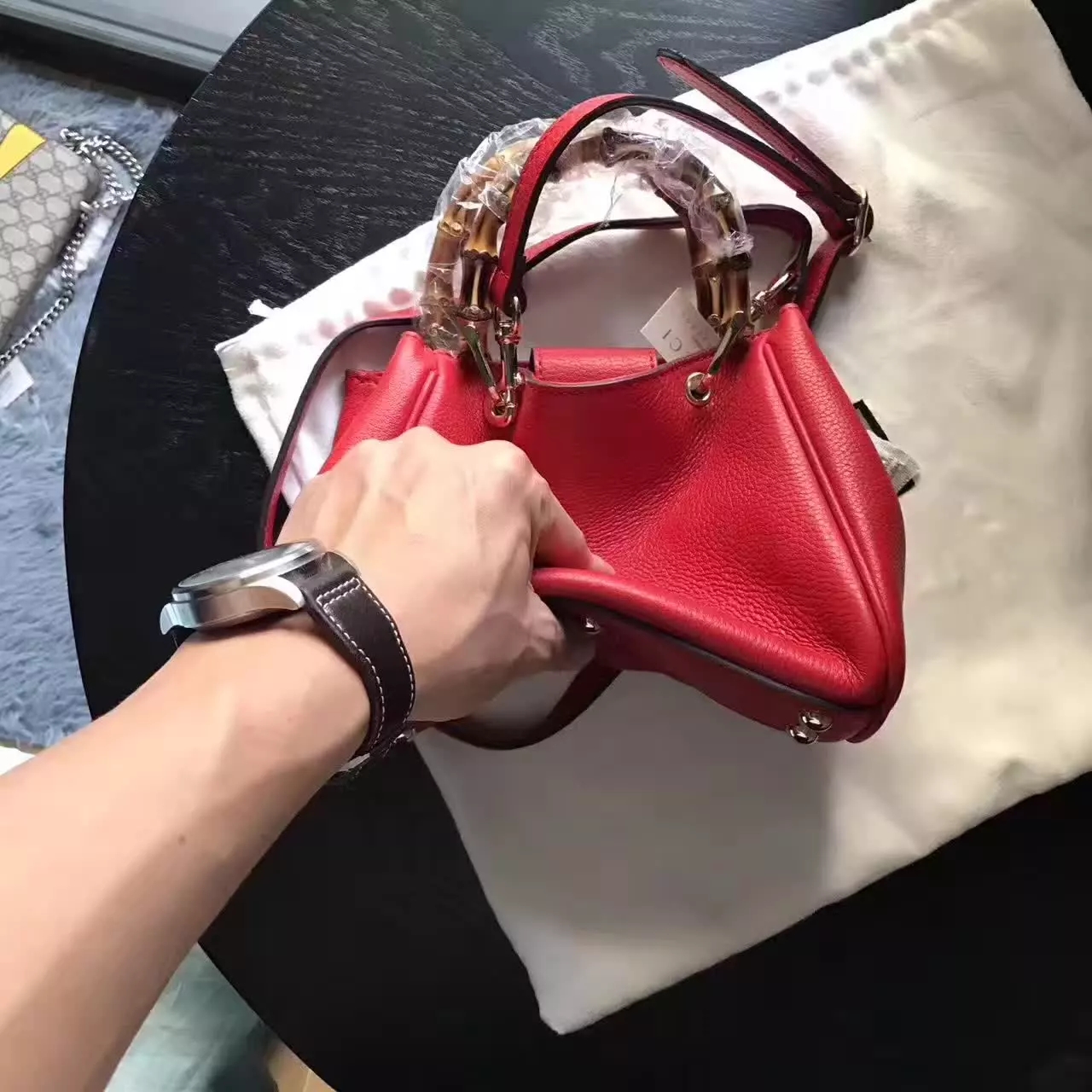 Gucci 368823 Bamboo Shopper Leather Mini Bag Red