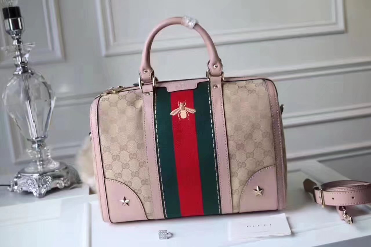 Gucci 406868 Bee Print GG Supreme Boston Tote Bag Pink