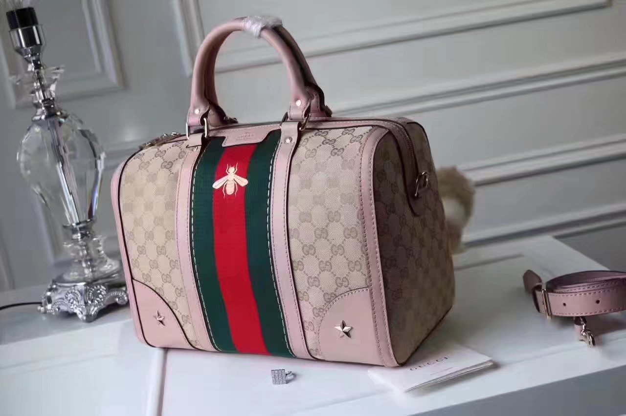 Gucci 406868 Bee Print GG Supreme Boston Tote Bag Pink