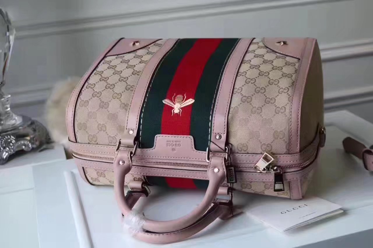 Gucci 406868 Bee Print GG Supreme Boston Tote Bag Pink