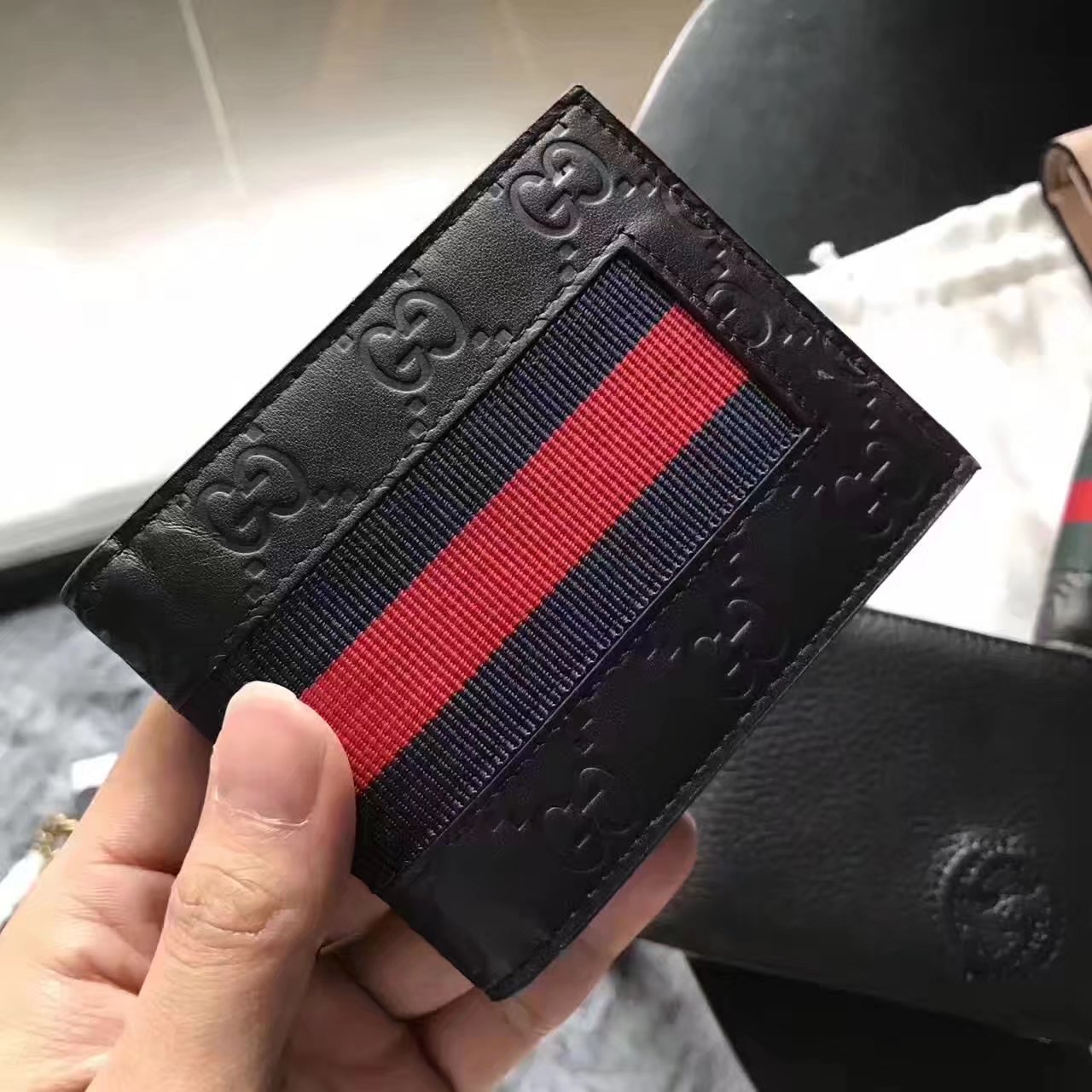 Gucci 408827 Men Signature Web Wallet Blue