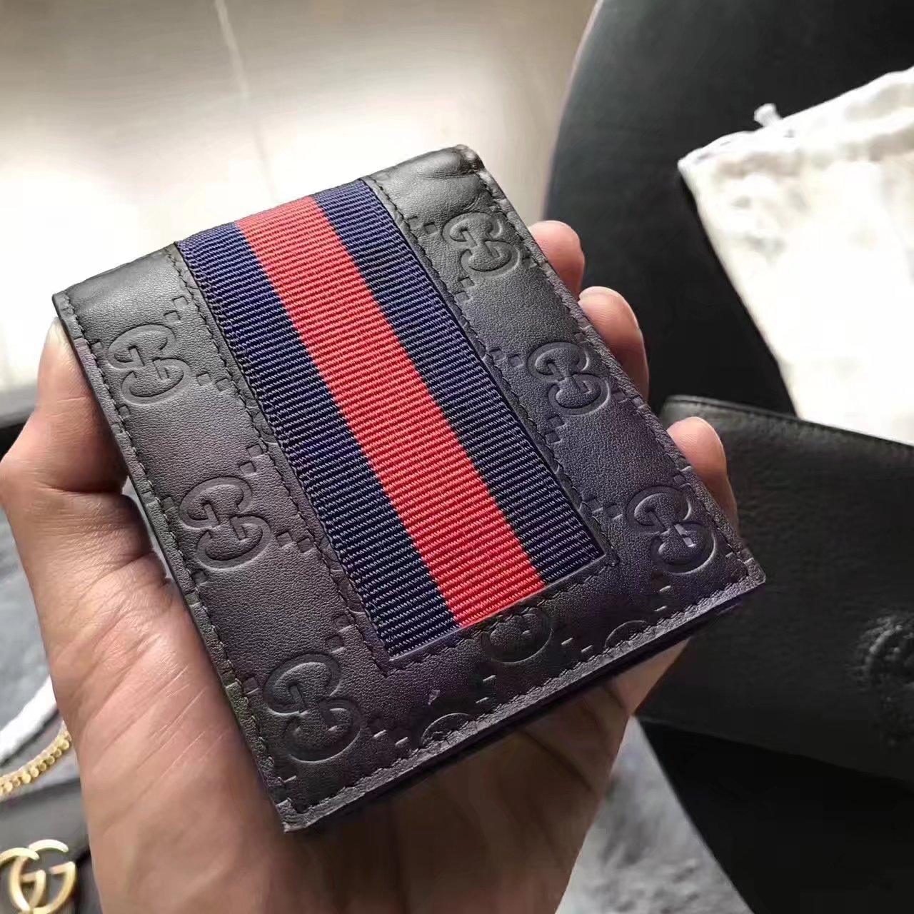 Gucci 408827 Men Signature Web Wallet Blue