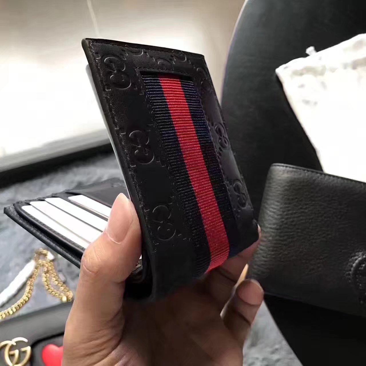 Gucci 408827 Men Signature Web Wallet Blue