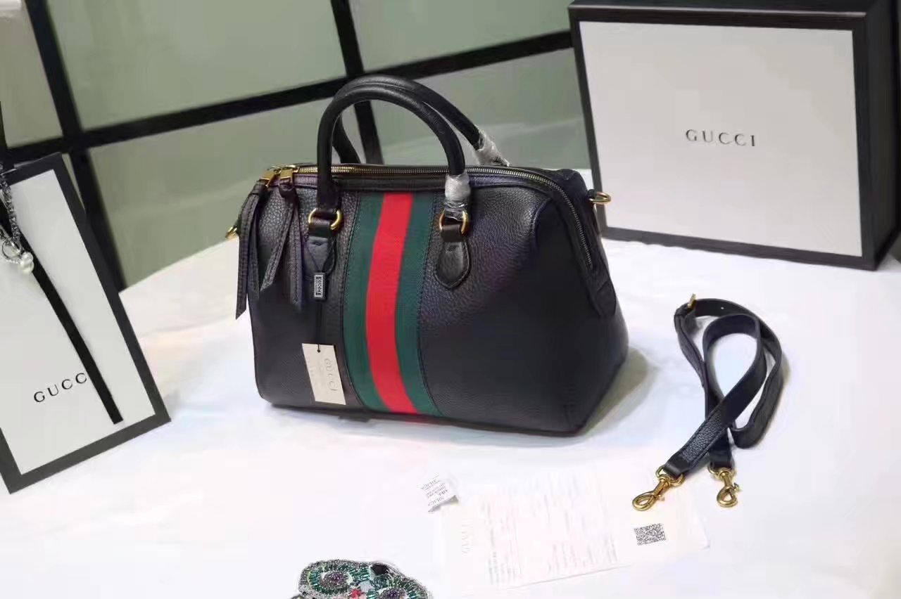 Gucci 415728 Leather Web Boston Tote Bag Black