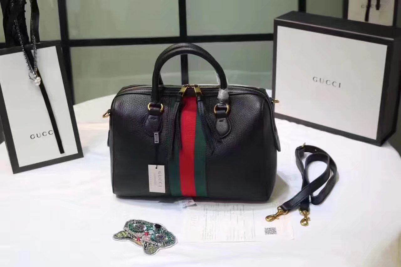 Gucci 415728 Leather Web Boston Tote Bag Black