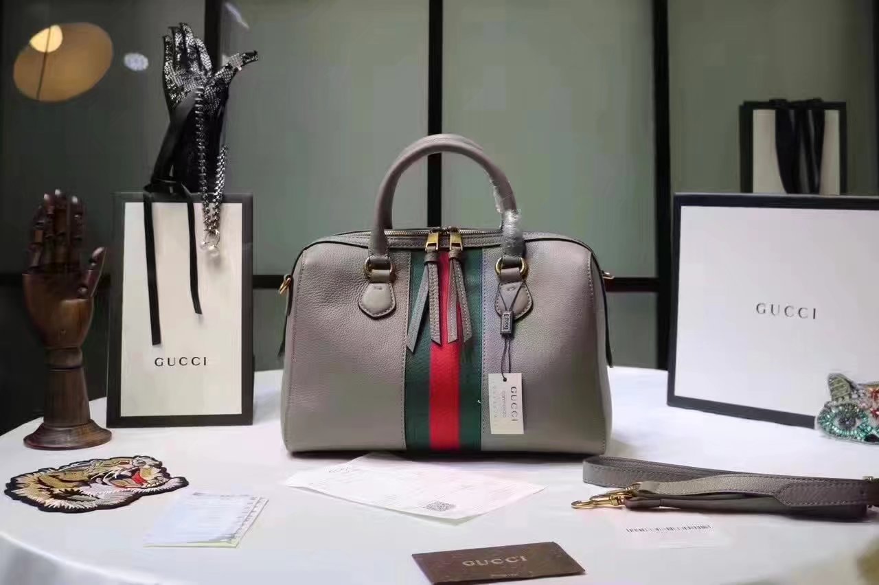 Gucci 415728 Leather Web Boston Tote Bag Grey