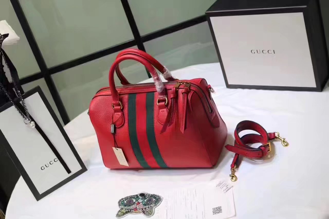 Gucci 415728 Leather Web Boston Tote Bag Red