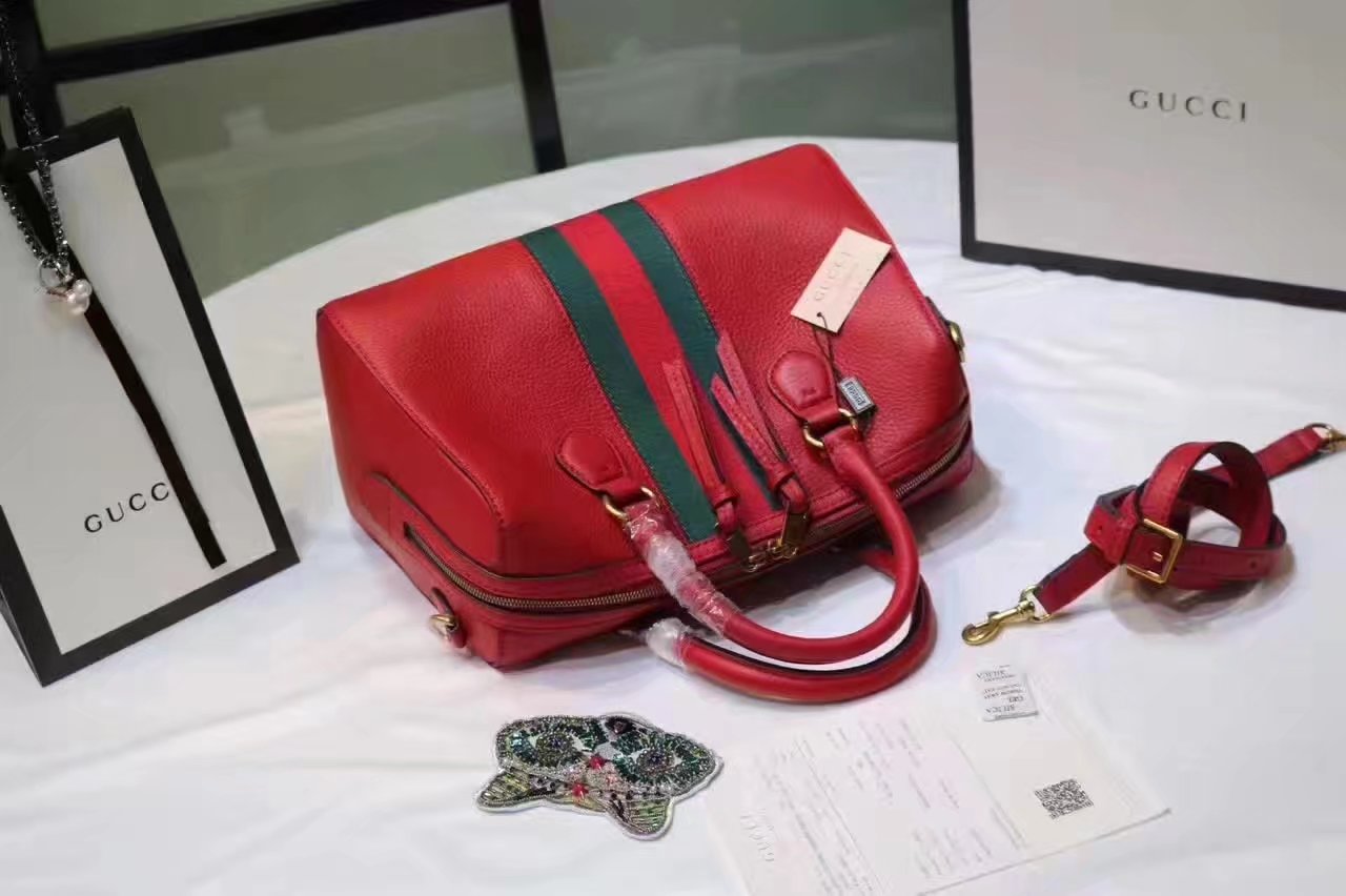 Gucci 415728 Leather Web Boston Tote Bag Red