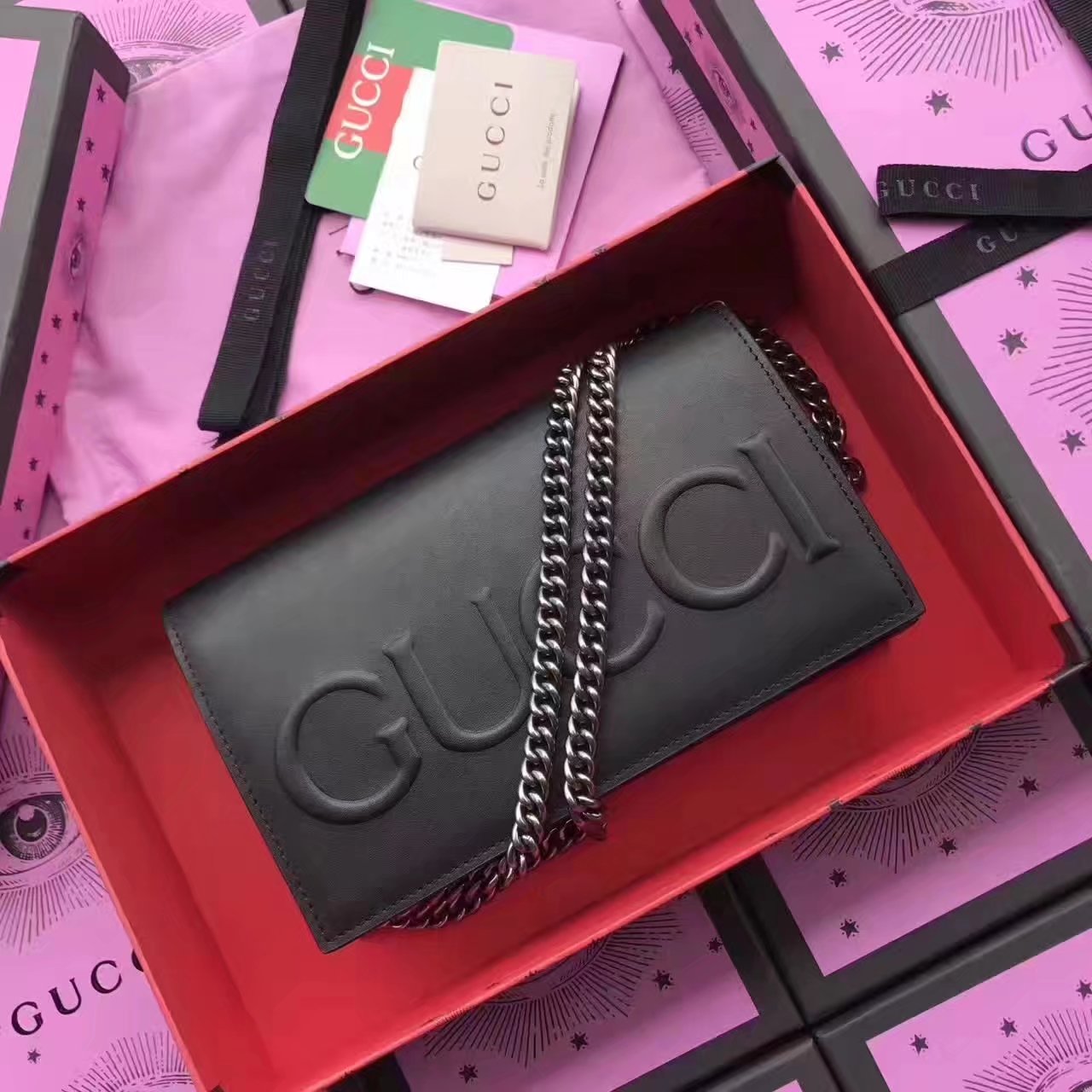 Gucci 421850 Embossed GG Leather Chain Bag Black