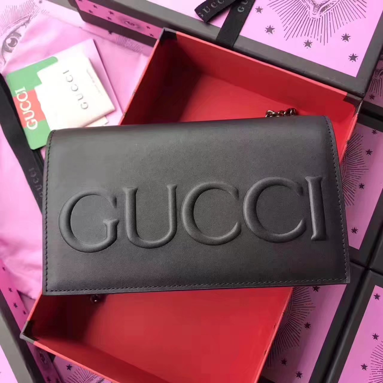 Gucci 421850 Embossed GG Leather Chain Bag Black