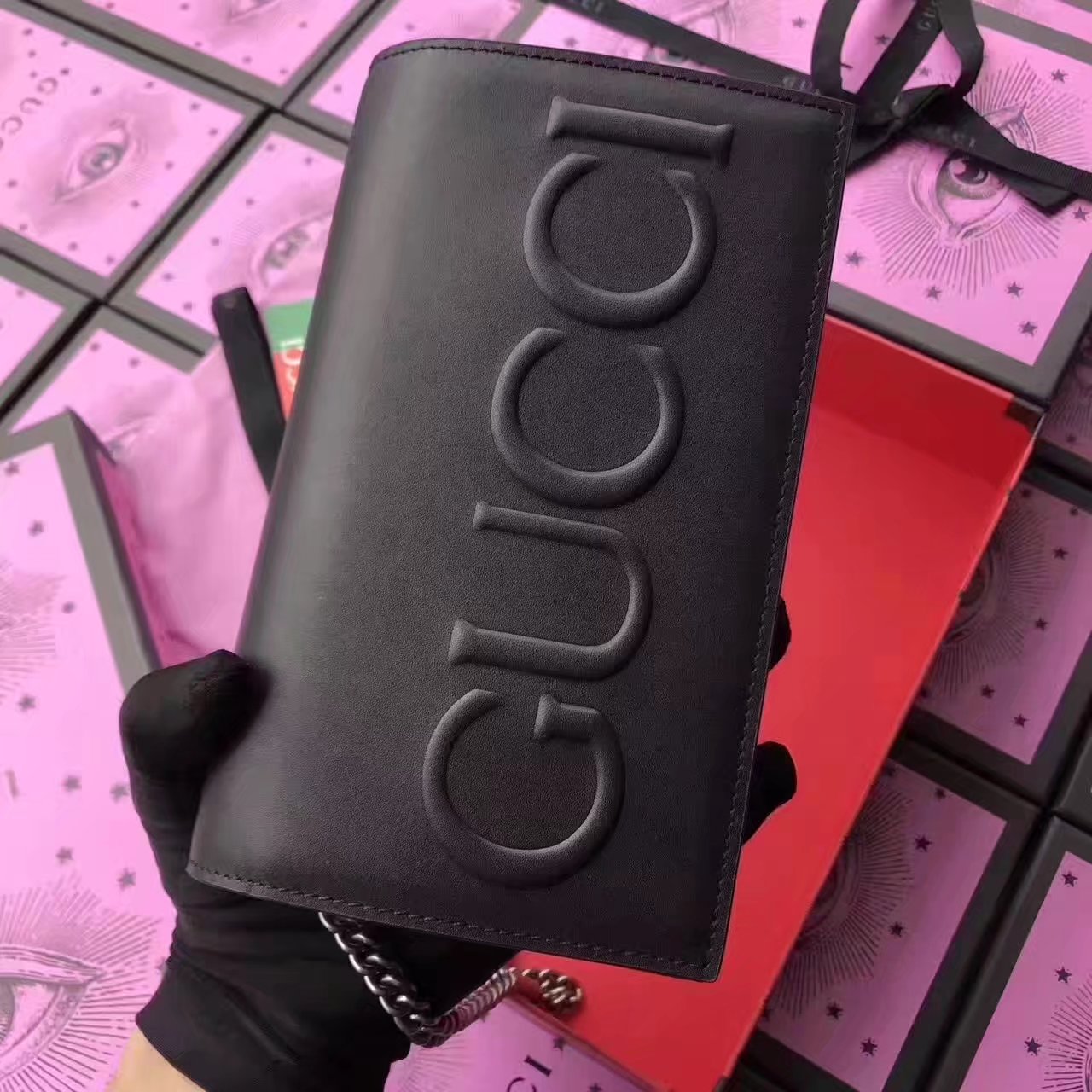 Gucci 421850 Embossed GG Leather Chain Bag Black