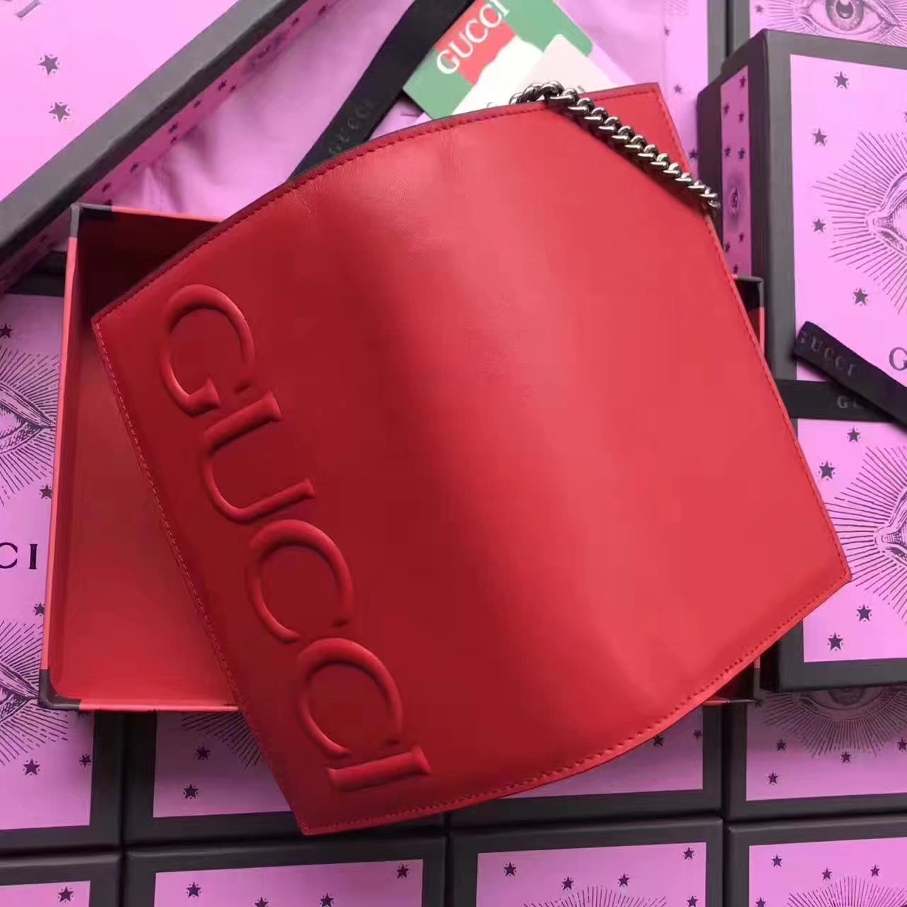 Gucci 421850 Embossed GG Leather Chain Bag Red