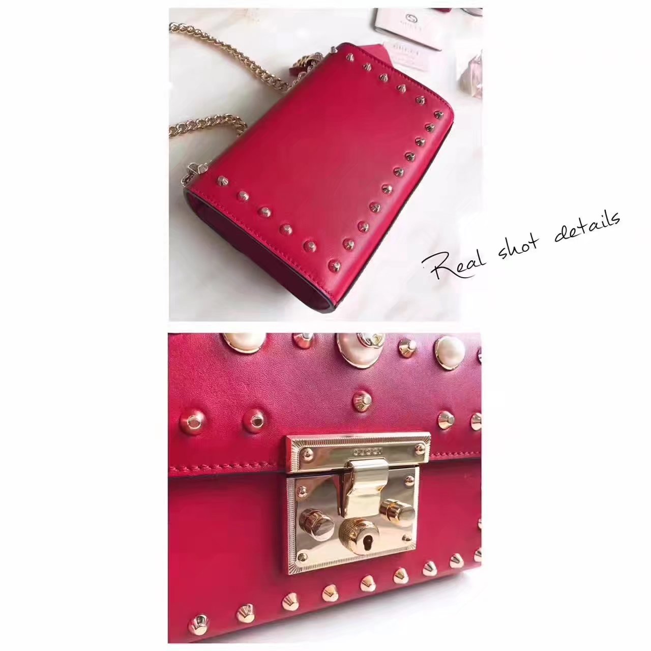 Gucci 432182 Padlock Studded Leather Shoulder Bag Red