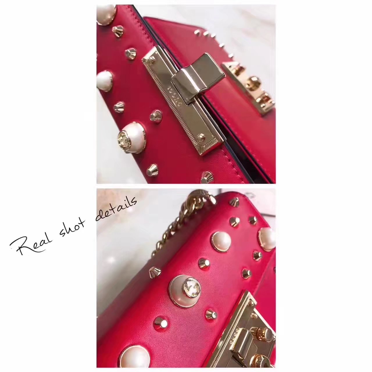 Gucci 432182 Padlock Studded Leather Shoulder Bag Red