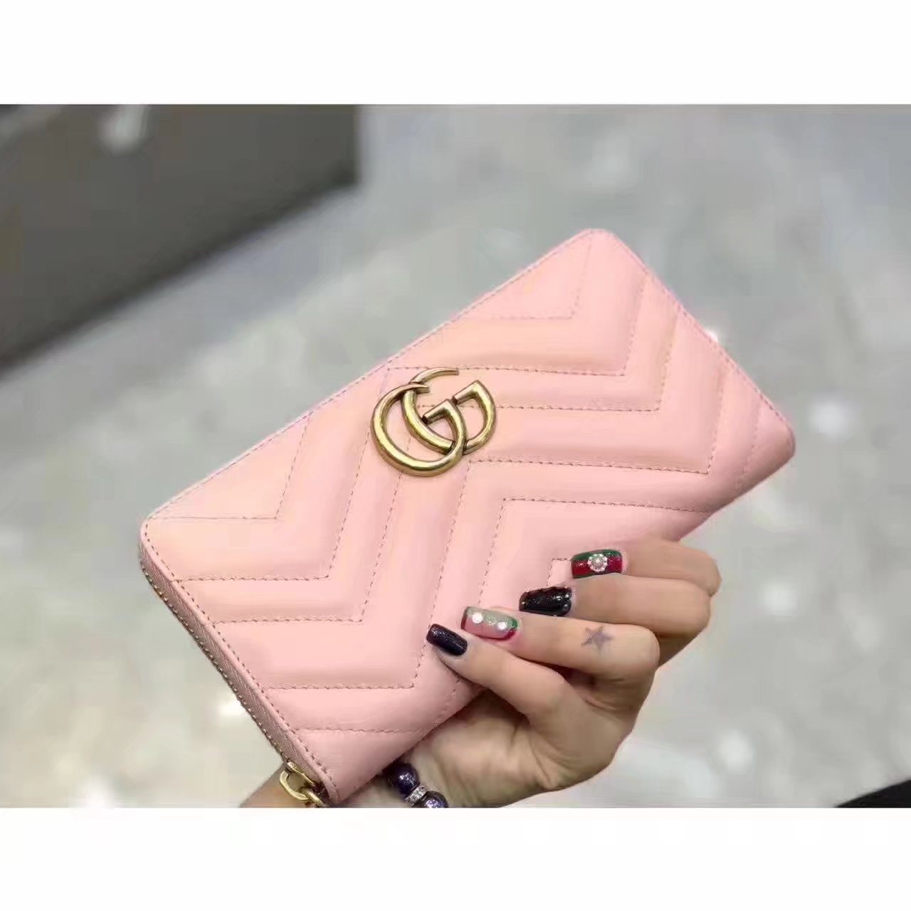 Gucci 443123 GG Marmont Zip Around Wallet Light Pink