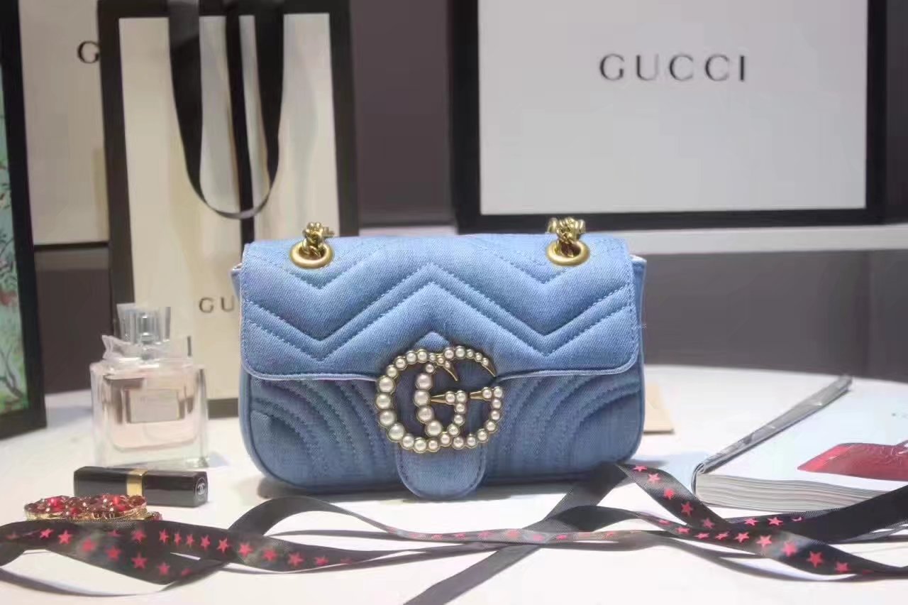 Gucci 446744 GG Marmont Matelasse Mini Bag with Pearls Blue