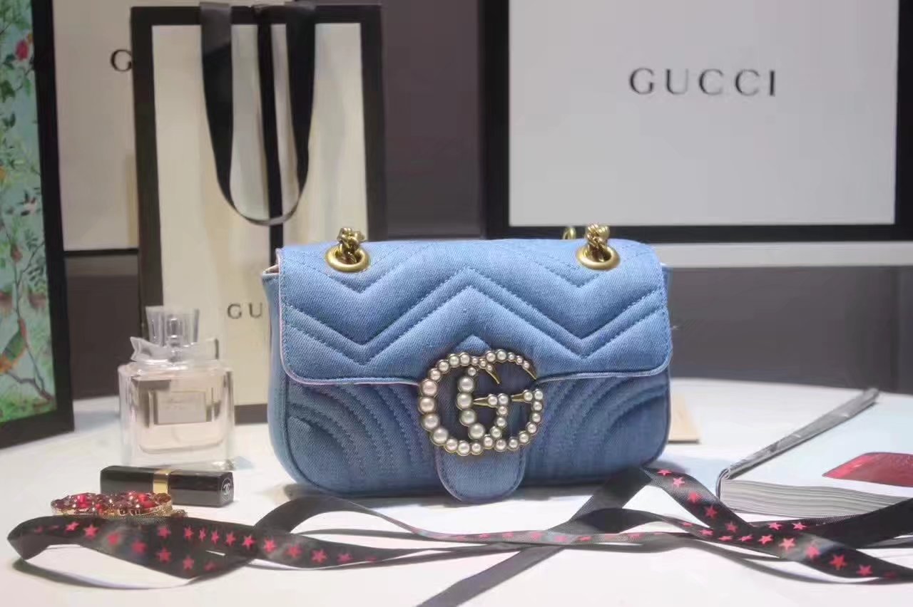 Gucci 446744 GG Marmont Matelasse Mini Bag with Pearls Blue