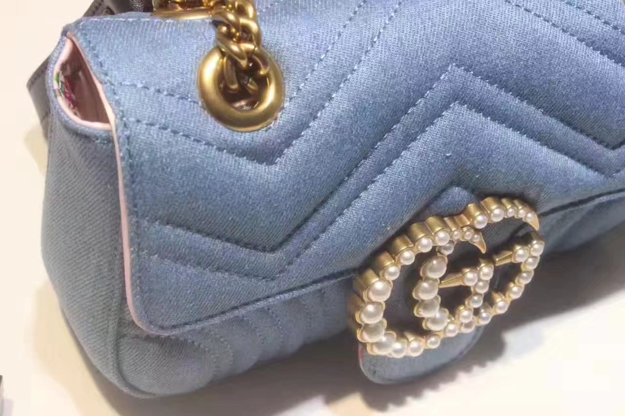 Gucci 446744 GG Marmont Matelasse Mini Bag with Pearls Blue