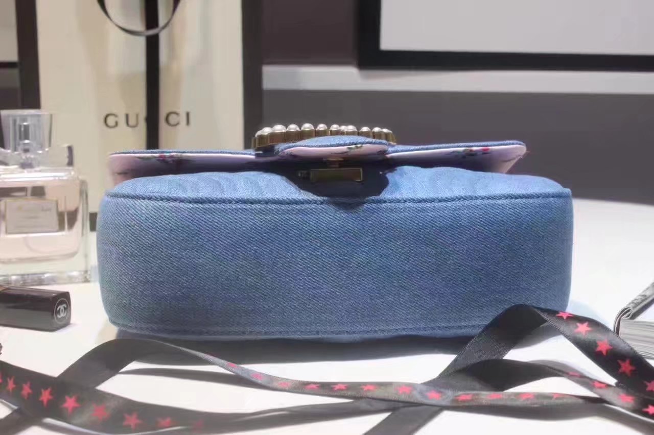 Gucci 446744 GG Marmont Matelasse Mini Bag with Pearls Blue