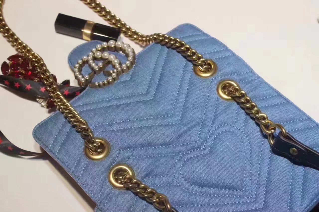 Gucci 446744 GG Marmont Matelasse Mini Bag with Pearls Blue