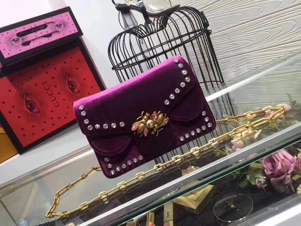 Gucci 448497 Marmont Stud Velvet Chain Shoulder Bag Purple