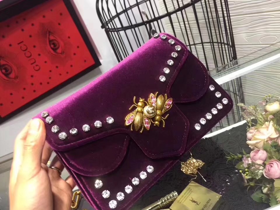 Gucci 448497 Marmont Stud Velvet Chain Shoulder Bag Purple