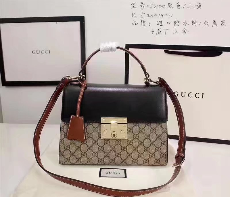 Gucci 453188 Padlock GG Supreme Top Handle Bag Black and Coffee