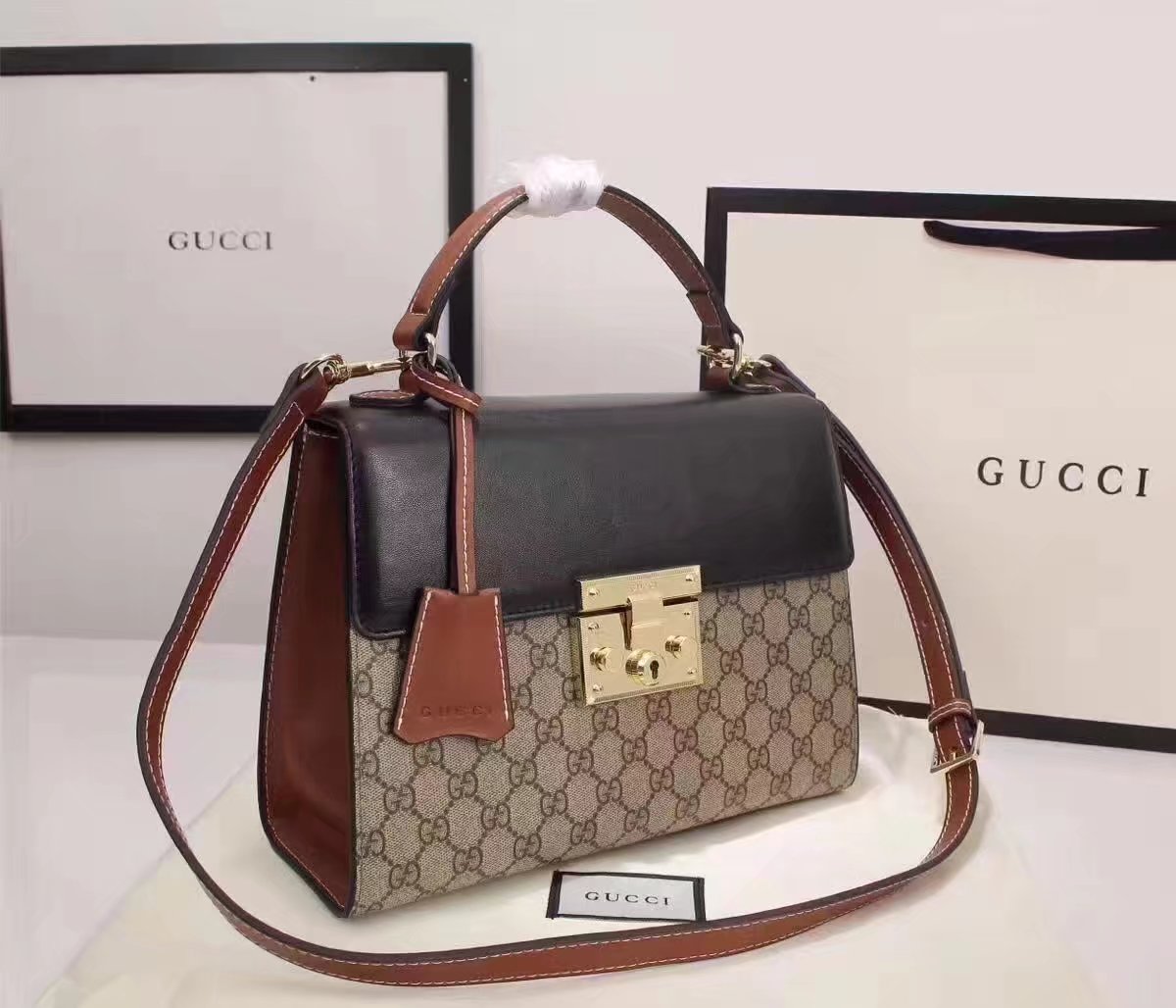 Gucci 453188 Padlock GG Supreme Top Handle Bag Black and Coffee