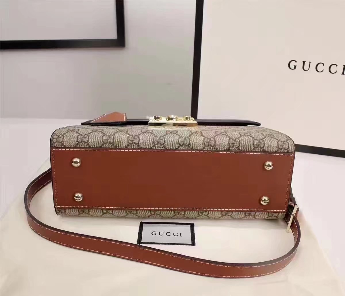 Gucci 453188 Padlock GG Supreme Top Handle Bag Black and Coffee