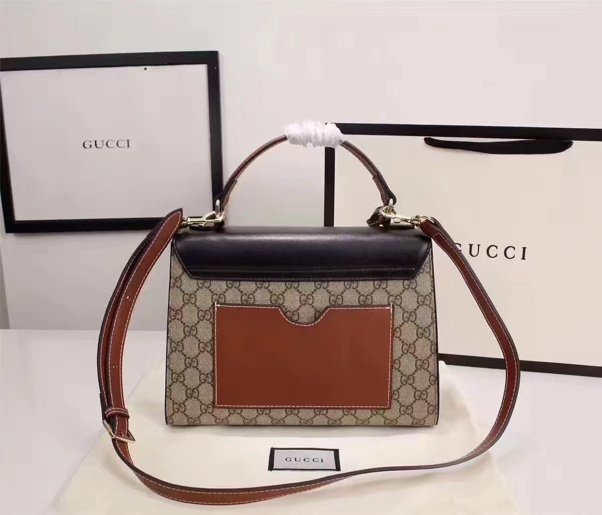 Gucci 453188 Padlock GG Supreme Top Handle Bag Black and Coffee