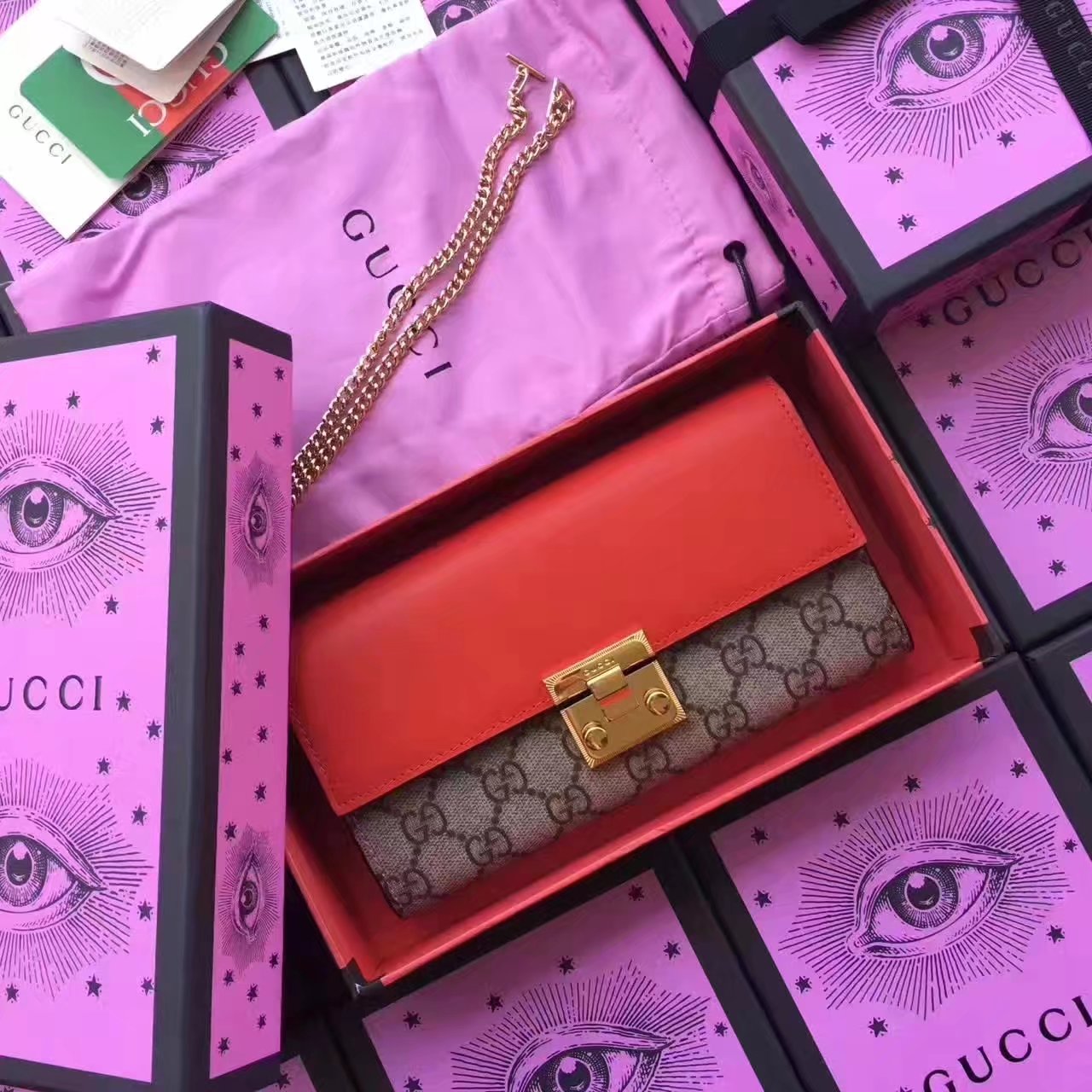 Gucci 453506 Padlock Continental Wallet GG Supreme Red