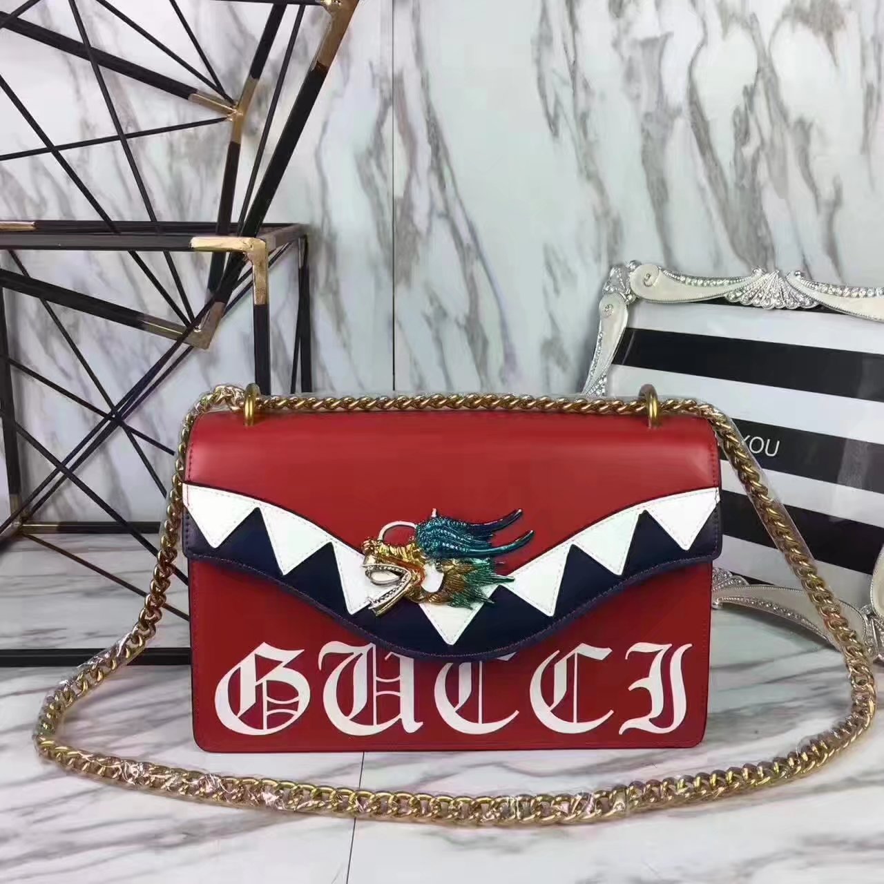 Gucci 466404 Naga Dragon Leather Shoulder Bag Red