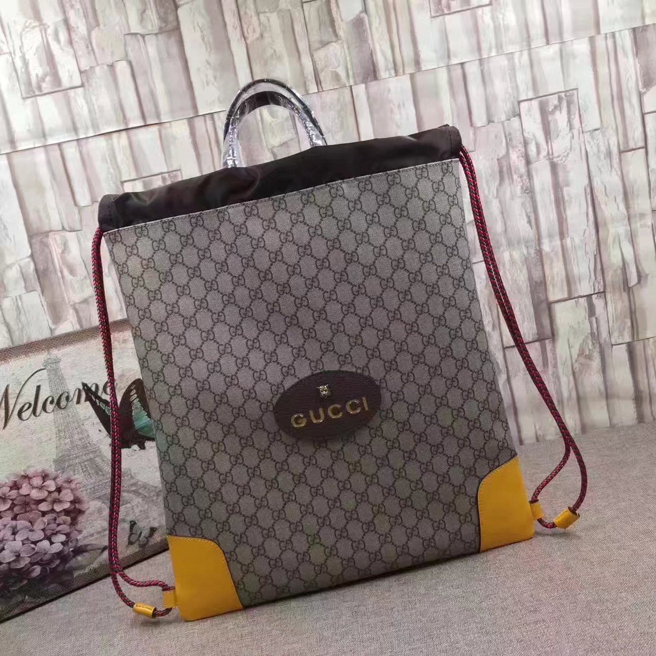 Gucci 473872 Men GG Supreme Drawstring Backpack