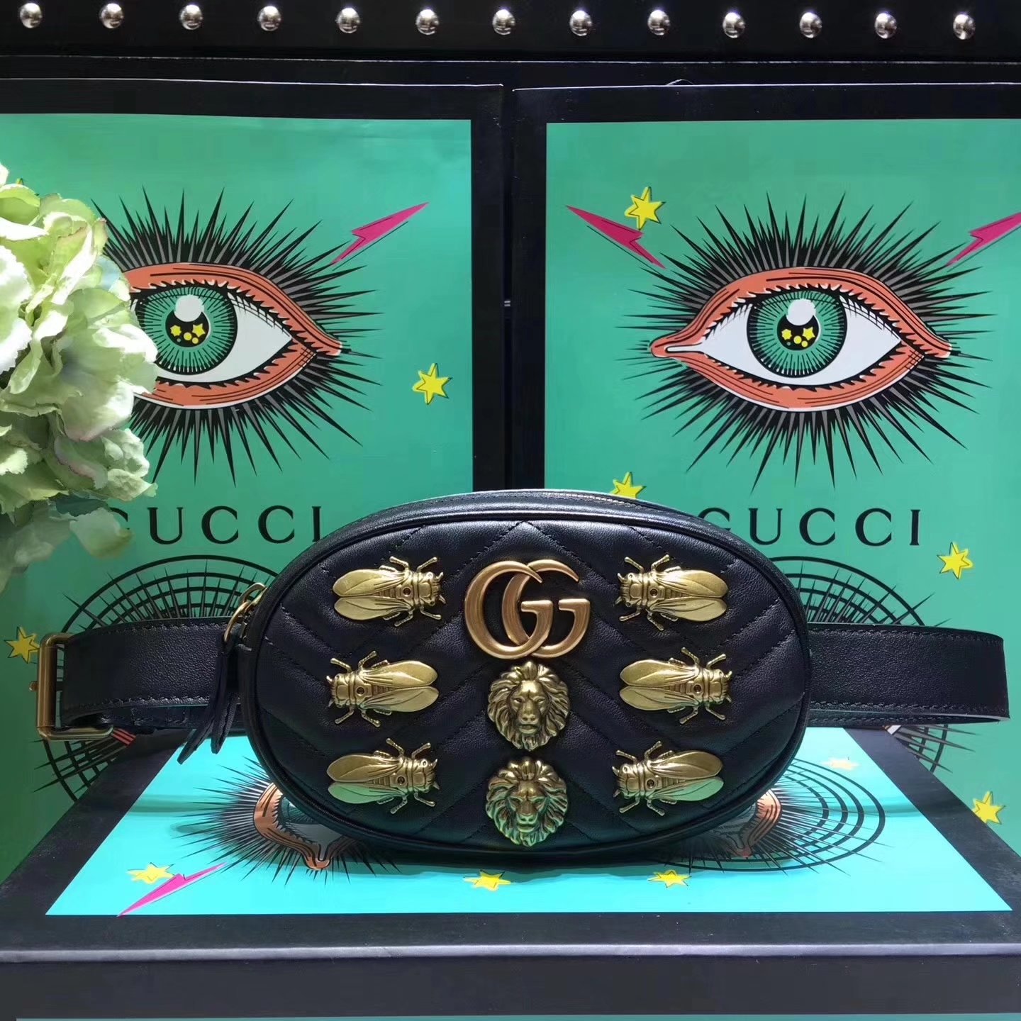 Gucci 476434 GG Marmont Matelasse Black Leather Belt Bag With Gold Hardware