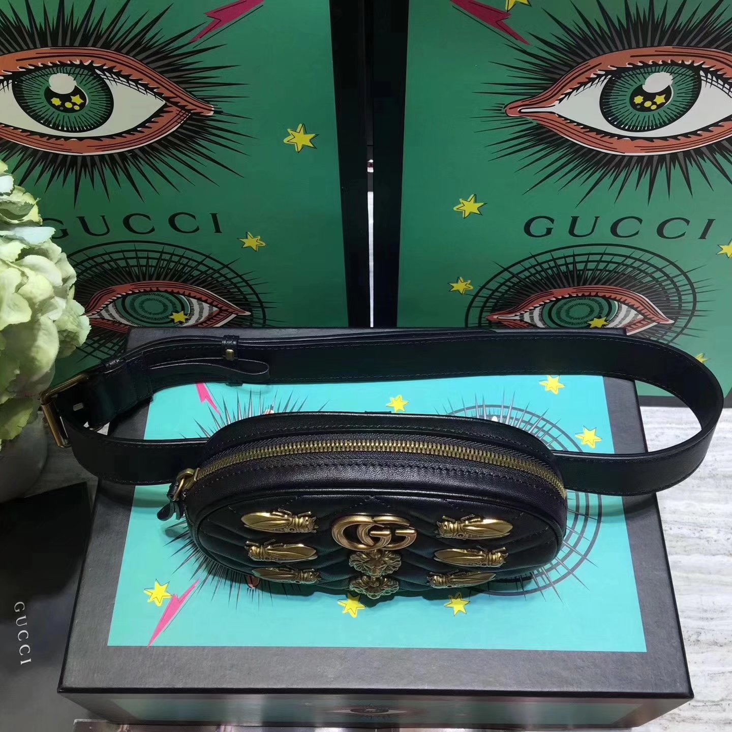 Gucci 476434 GG Marmont Matelasse Black Leather Belt Bag With Gold Hardware