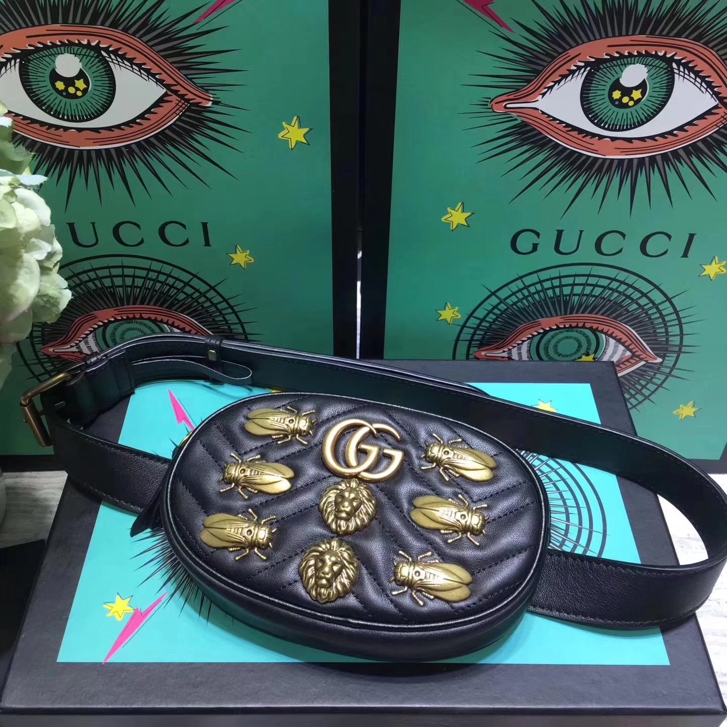 Gucci 476434 GG Marmont Matelasse Black Leather Belt Bag With Gold Hardware