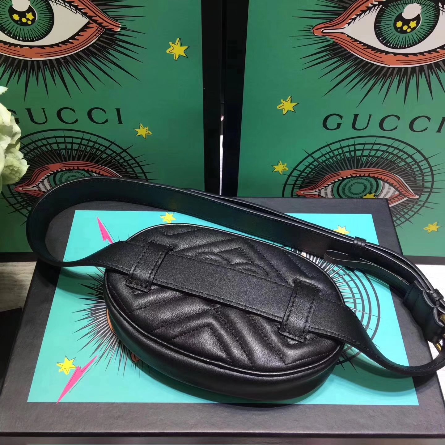 Gucci 476434 GG Marmont Matelasse Black Leather Belt Bag With Gold Hardware