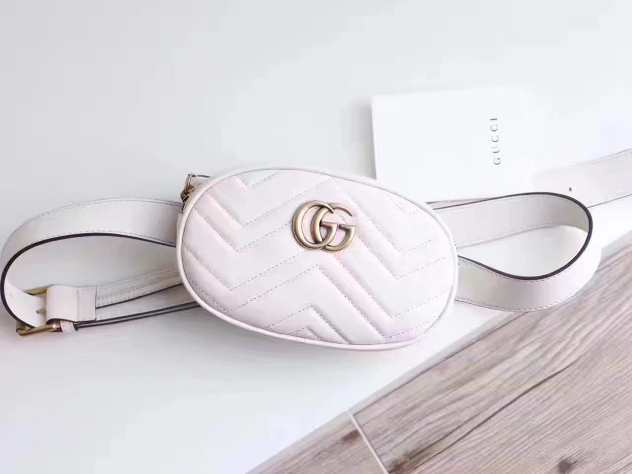 Gucci 476434 GG Marmont Matelasse Leather Belt Bag White