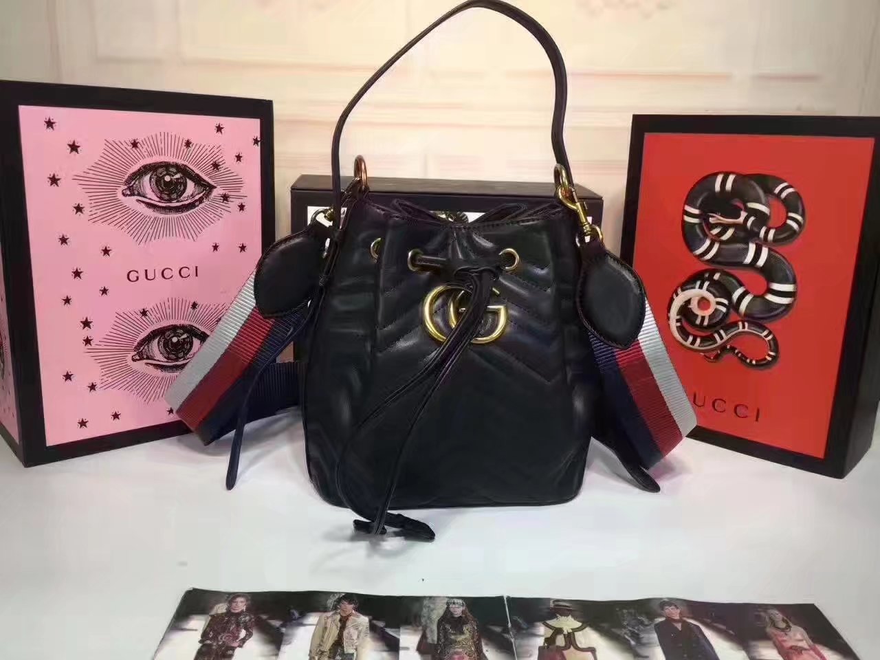 Gucci 476674 GG Marmont Quilted Black Leather Bucket Bag