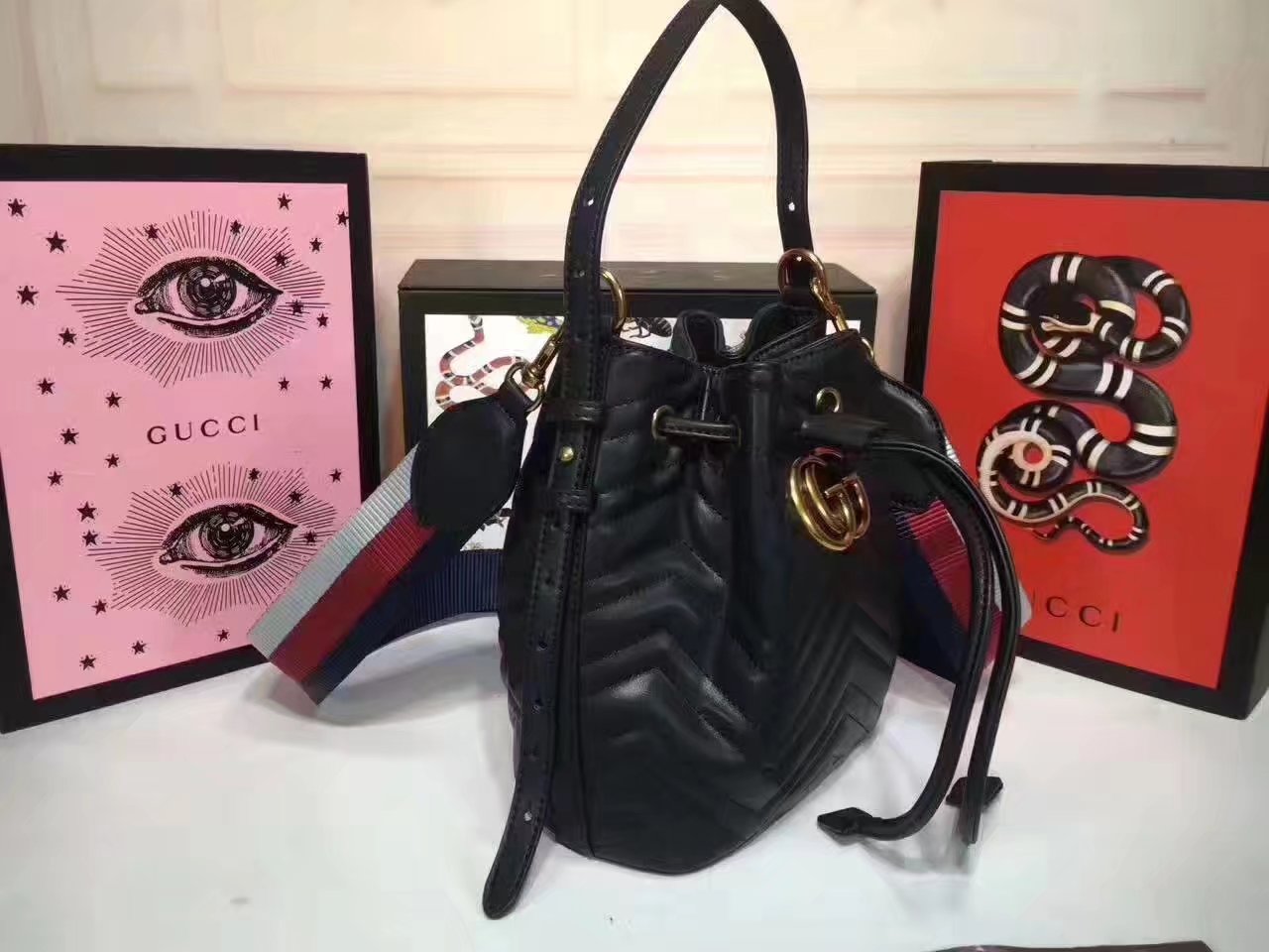 Gucci 476674 GG Marmont Quilted Black Leather Bucket Bag