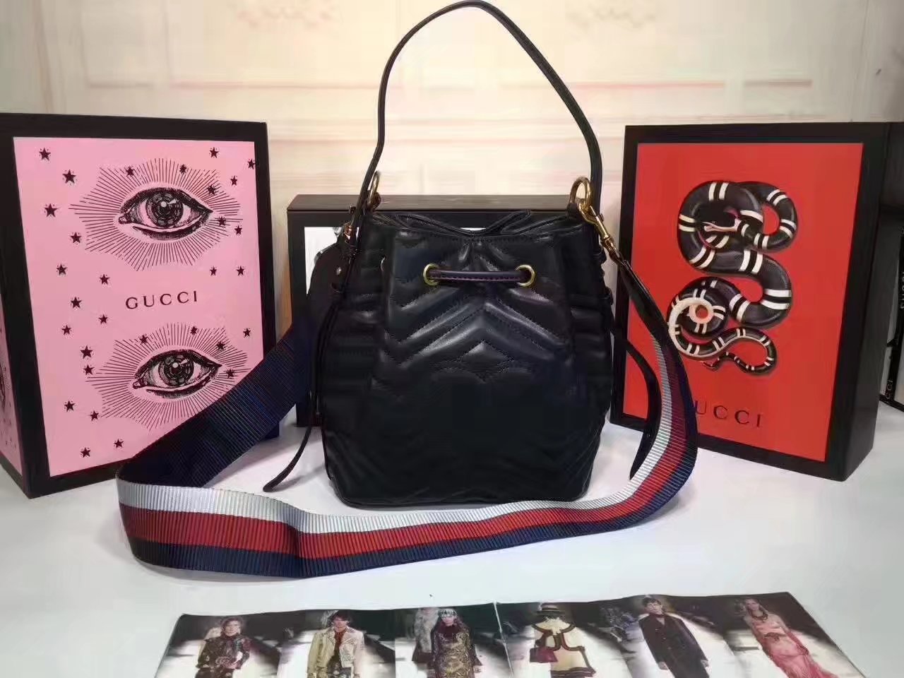 Gucci 476674 GG Marmont Quilted Black Leather Bucket Bag