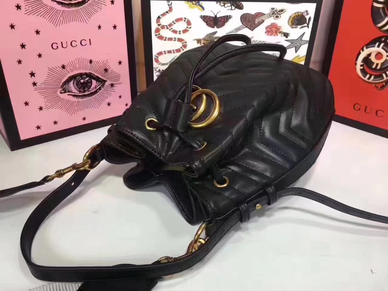 Gucci 476674 GG Marmont Quilted Black Leather Bucket Bag