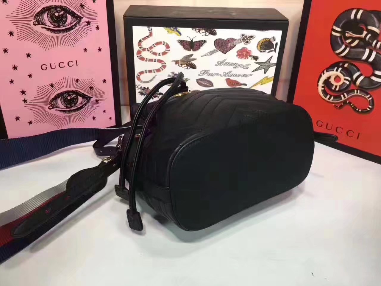 Gucci 476674 GG Marmont Quilted Black Leather Bucket Bag