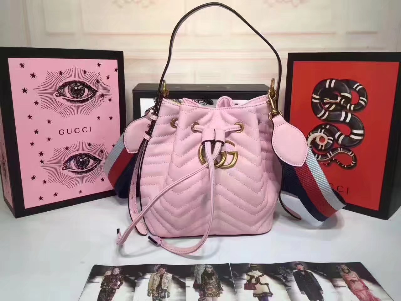 Gucci 476674 GG Marmont Quilted Pink Chevron Leather Bucket Bag