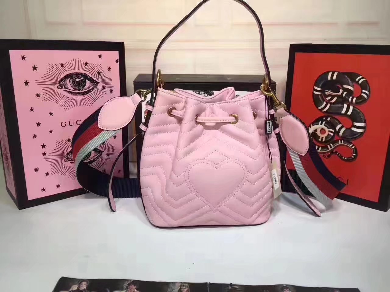 Gucci 476674 GG Marmont Quilted Pink Chevron Leather Bucket Bag