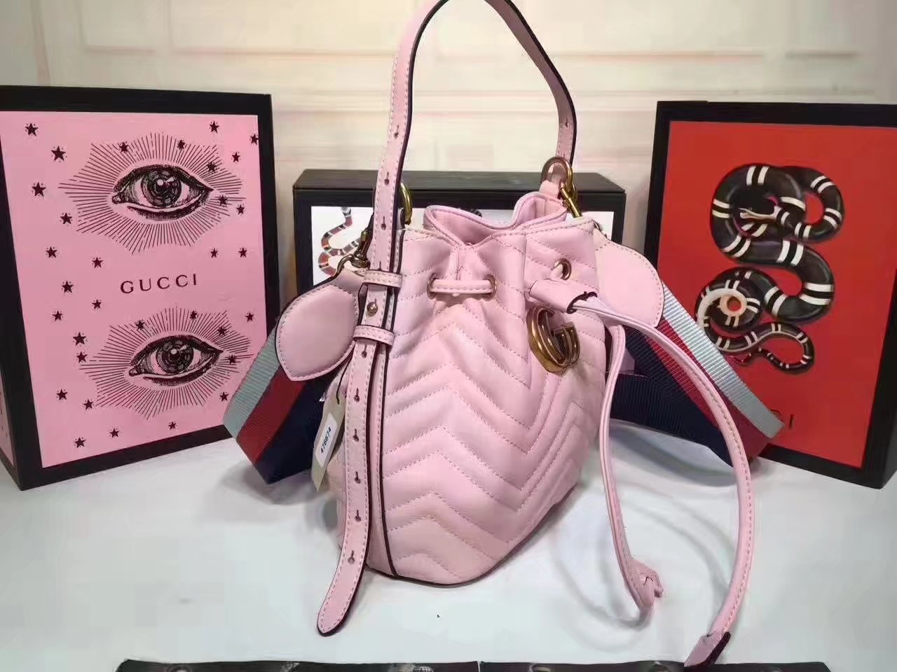 Gucci 476674 GG Marmont Quilted Pink Chevron Leather Bucket Bag