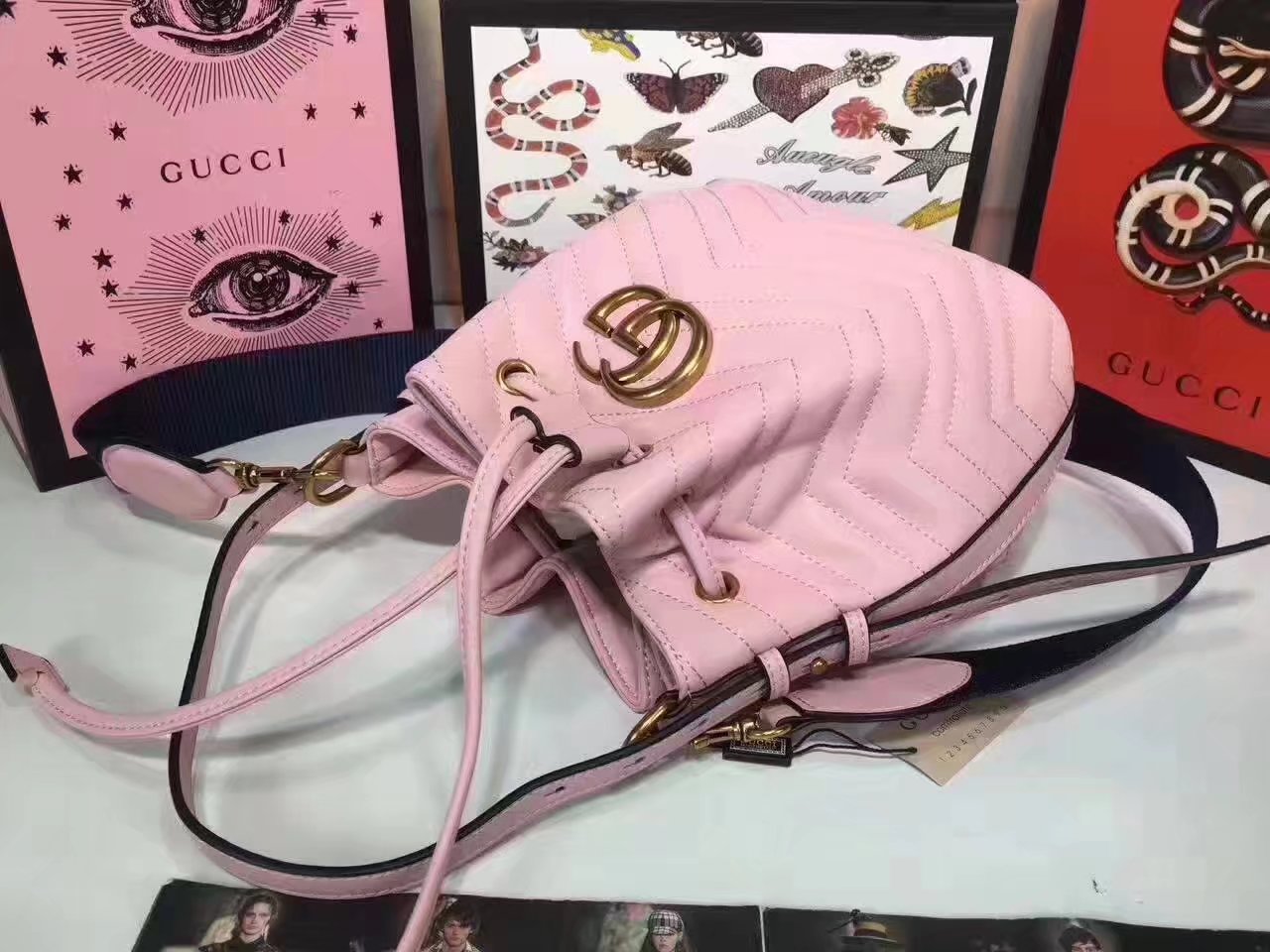 Gucci 476674 GG Marmont Quilted Pink Chevron Leather Bucket Bag