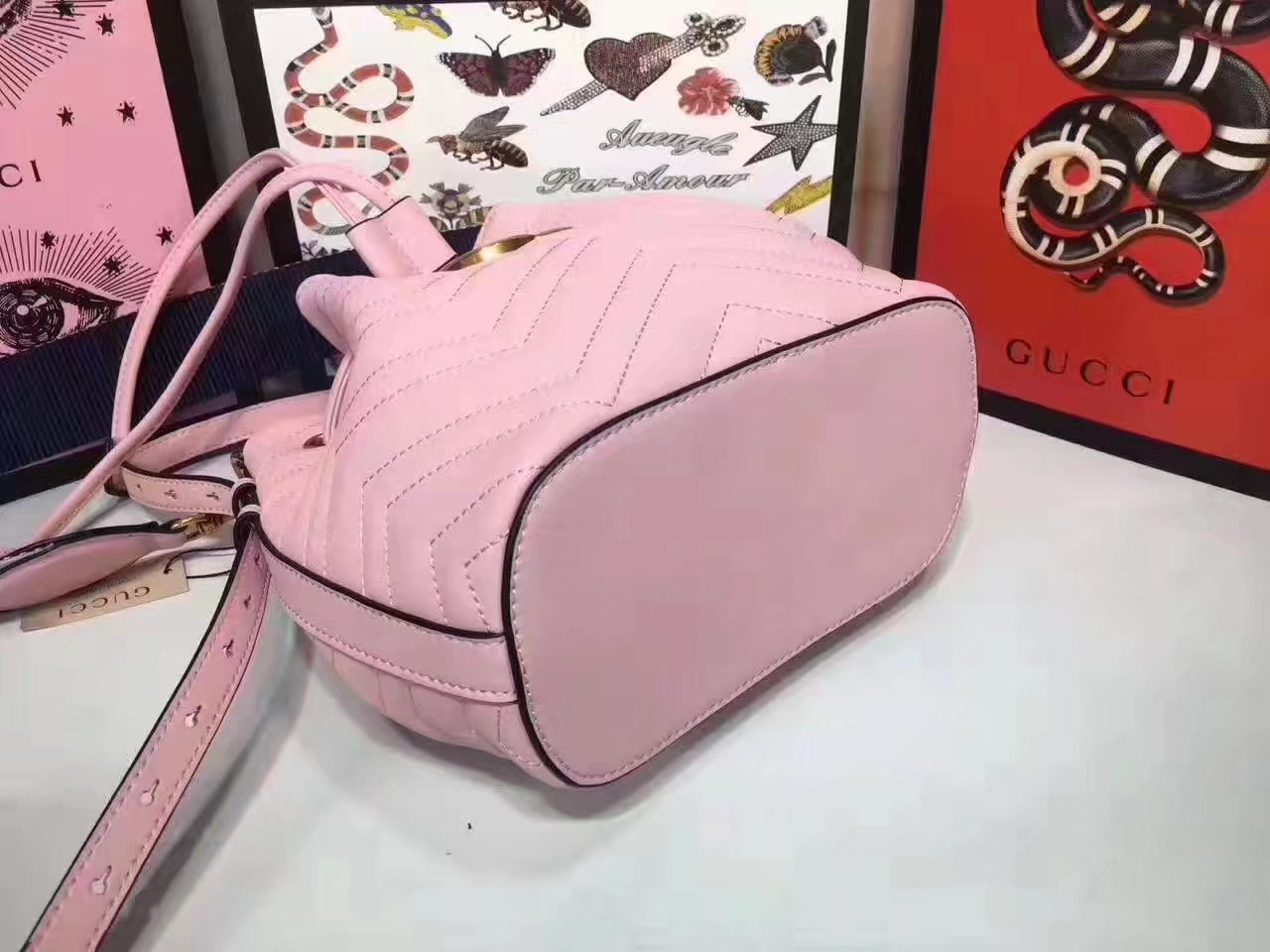 Gucci 476674 GG Marmont Quilted Pink Chevron Leather Bucket Bag